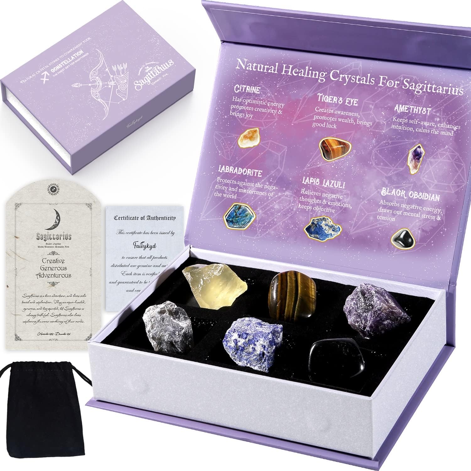 Faivykyd Sagittarius Crystals Set, Unique Spiritual Gifts for Women Girls, Astrology Gifts for Women, Healing Crystals Zodiac Sign Stones, Birthday Gifts Ideas for Her Friends Sisters Mom Daughters
