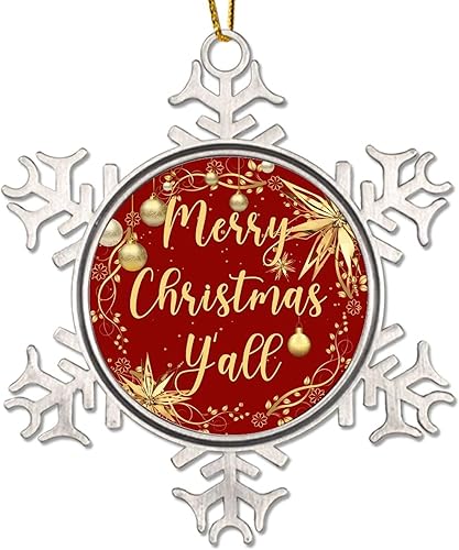Merry Christmas Y'all Christmas Ornaments for Tree 3in Novelty Metal Christmas Tree Decoration Ornament Gold Snowflake Ball Wreath Christmas