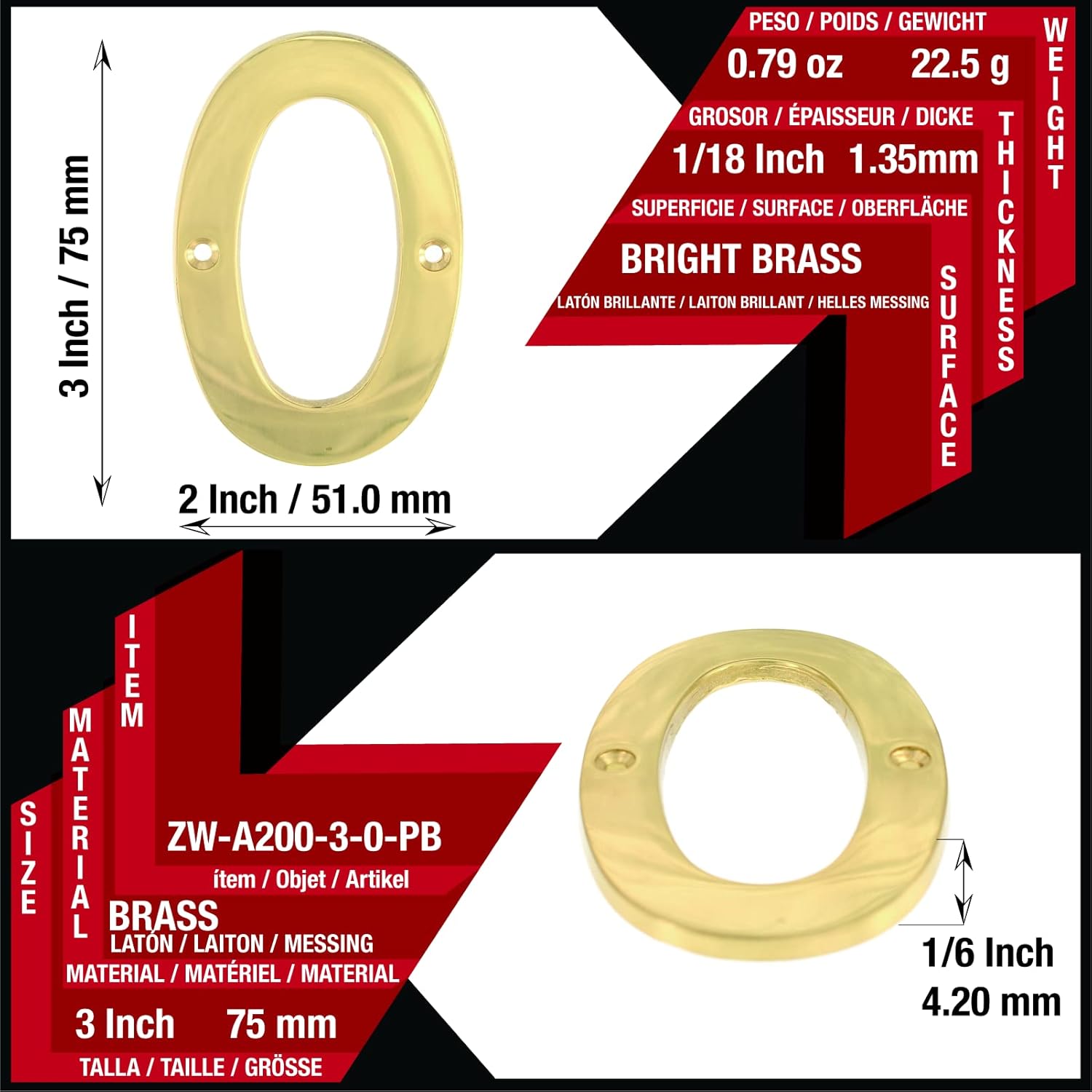 ZW Hardware A200 3 Inch Bright Brass House Number 0