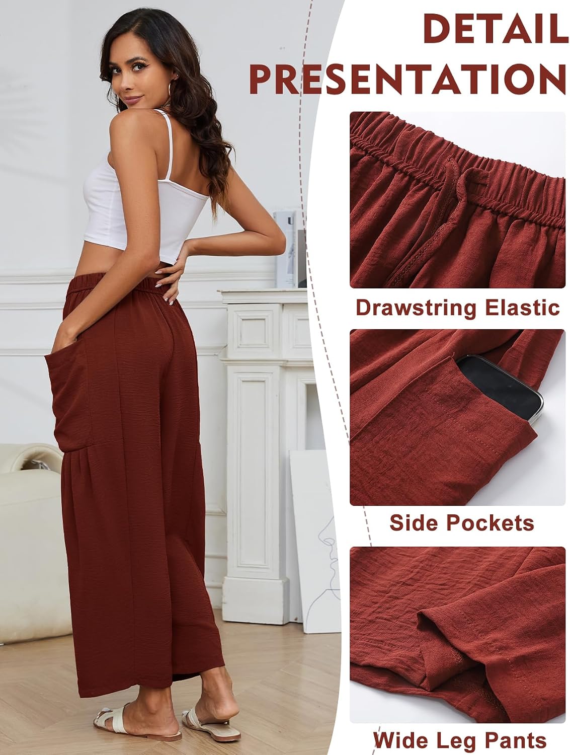 Kissonic Womens Wide Leg Pants Casual Drawstring Summer Palazzo Harem Pants image 5