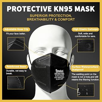 benehal NIOSH Approved N95 Mask for Adults, 20 Pack Individually Wrapped, Black N95 Face Mask, Breathable N95 Respirator Mask for Dust, Air Pollution, Construction Work