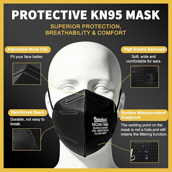 benehal NIOSH Approved N95 Mask for Adults, 20 Pack Individually Wrapped, Black N95 Face Mask, Breathable N95 Respirator Mask for Dust, Air Pollution, Construction Work