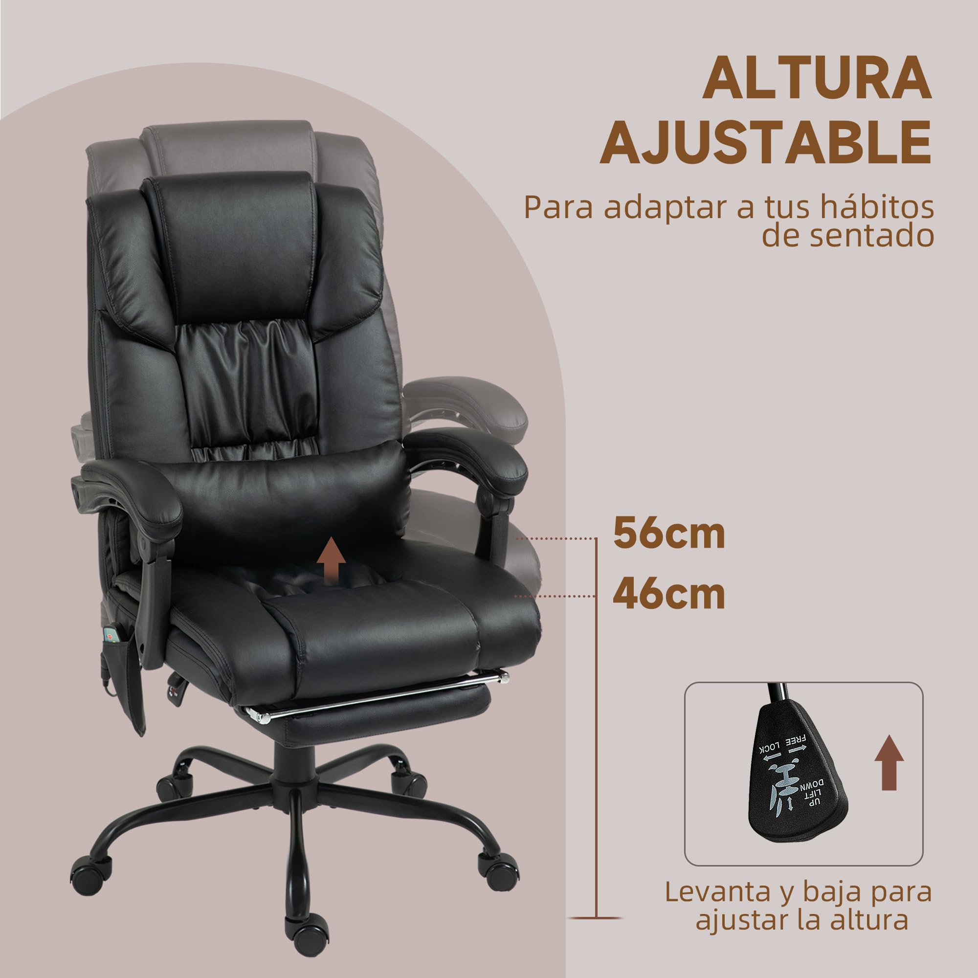 Vinsetto Silla de Oficina con Masaje Vibratorio de 6 Puntos Negro | Silla de Escritorio Giratoria, Respaldo Alto Reclinable, Altura Ajustable, Reposapiés, Mando a Distancia