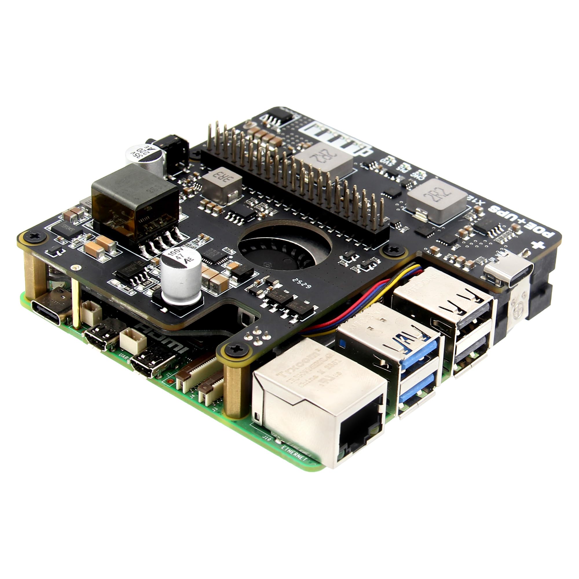 Geekworm X1207 2-in-1 PoE+ & UPS HAT for Raspberry Pi 5 (2/4/8/16GB), IEEE 802.3at 5V 5A Output, Supports Auto Power On, Safe Shutdown and Power Loss Detection