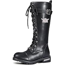 Women&rsquo;s Motorcycle Boots for Riding, Biker Boots with Full Length Side Zipper, Lace Up Knee High Boots with Calf Buckle, Black PU Leather Combat Boots for Ladies