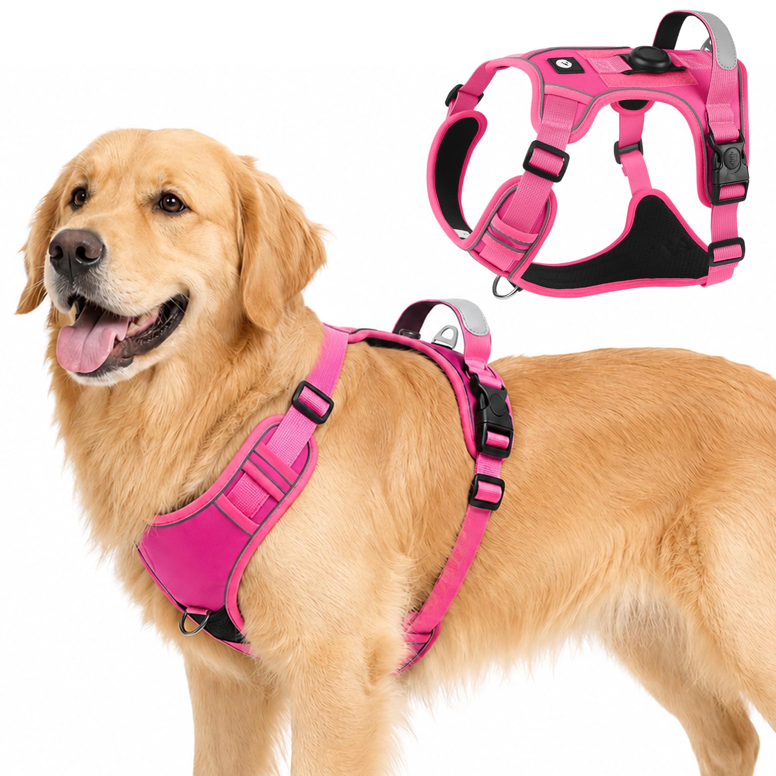 Olcyren No Pull Dog Harness with AirTag Holder, Adjustable Anti Pull Soft Padded Dog Harness with Front Clip, Reflective No-Choke Pet Vest Harness with Handle for Small Medium Large Dogs(Rose Red, XL)