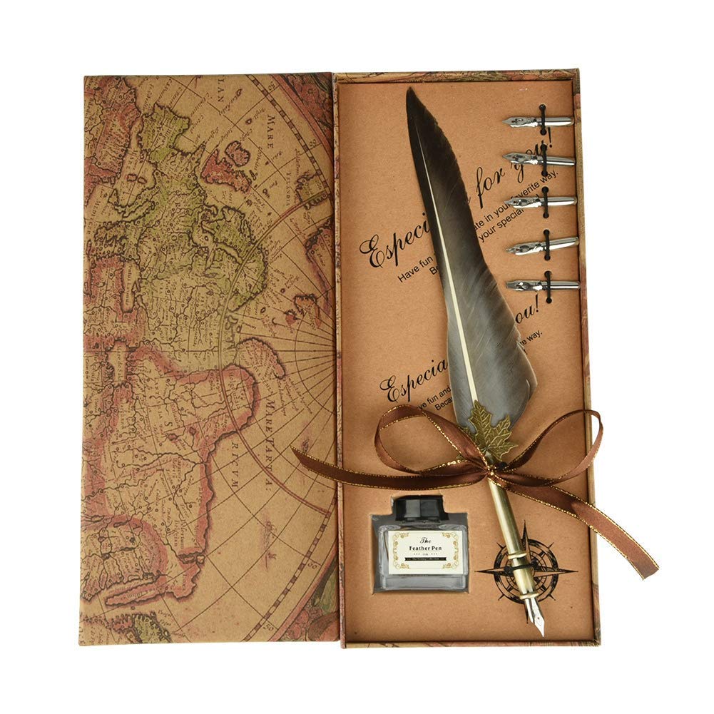– Quill Feather Pen Set - Vintage Calligraphy Writing Pen With 5 Replacement Nibs for Signatures, Office, Party Favors