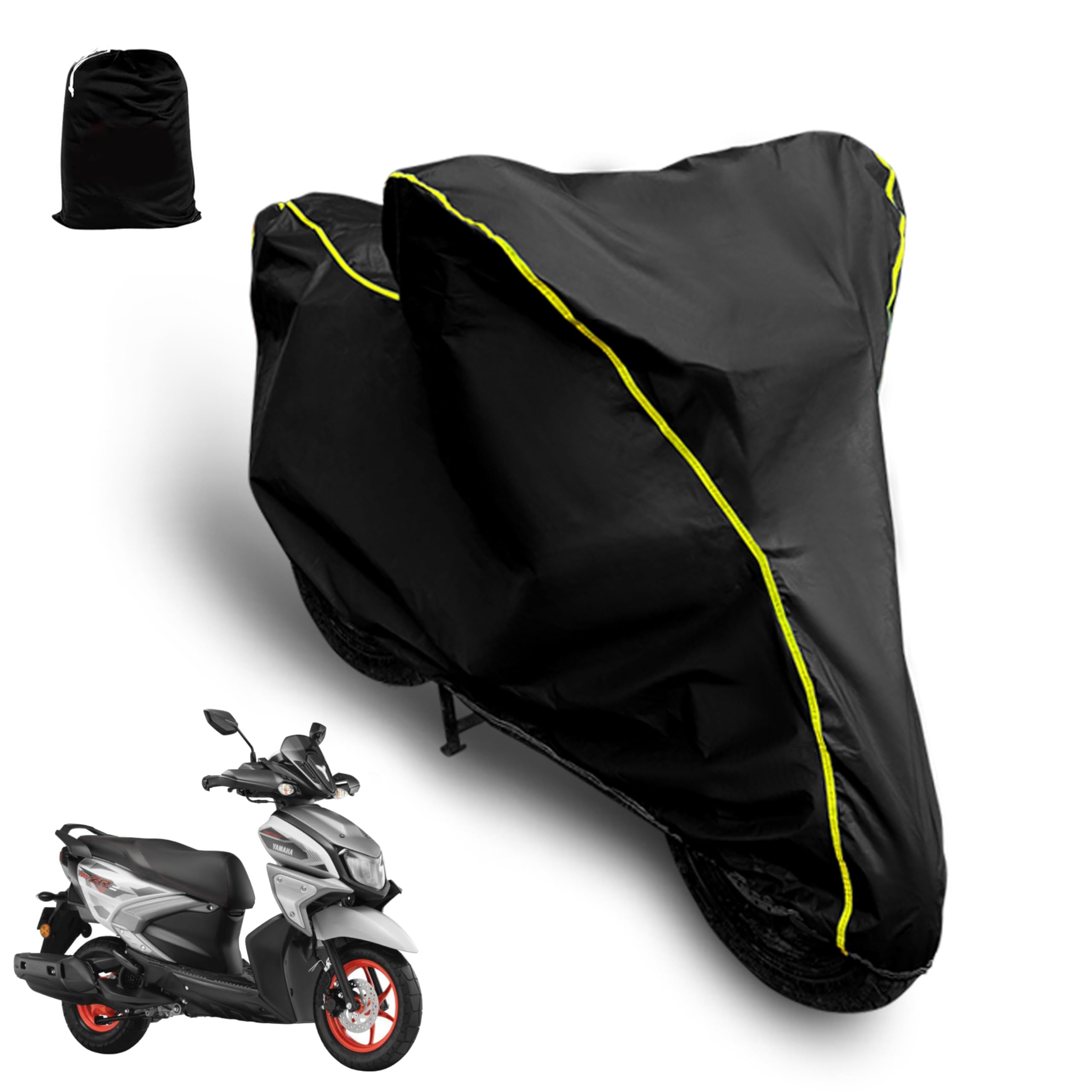 AUTOCOZEN Waterproof Scooty Cover Compatible with Yamaha Ray Zr Cover with All Weather Protection and Triple Stitch, Heavy Buckle with Storage Bage & Black with Yellow Piping-image-20