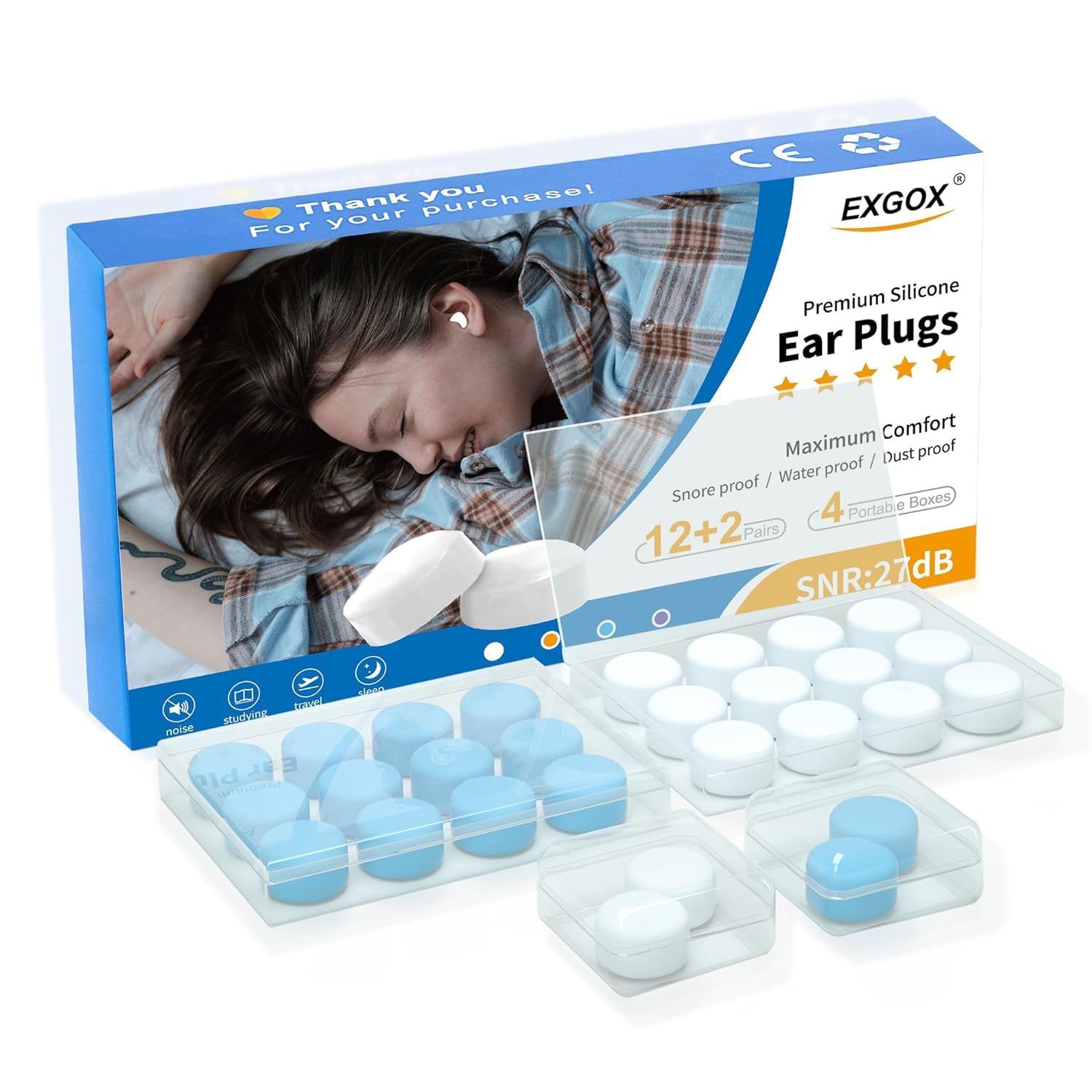 Silicone Ear Plugs for Sleeping Noise Cancelling Reusable Moldable Wax Earplugs for Swimming, Work, Airplane, SNR27dB 14 Pairs (Blue, White)-image-5