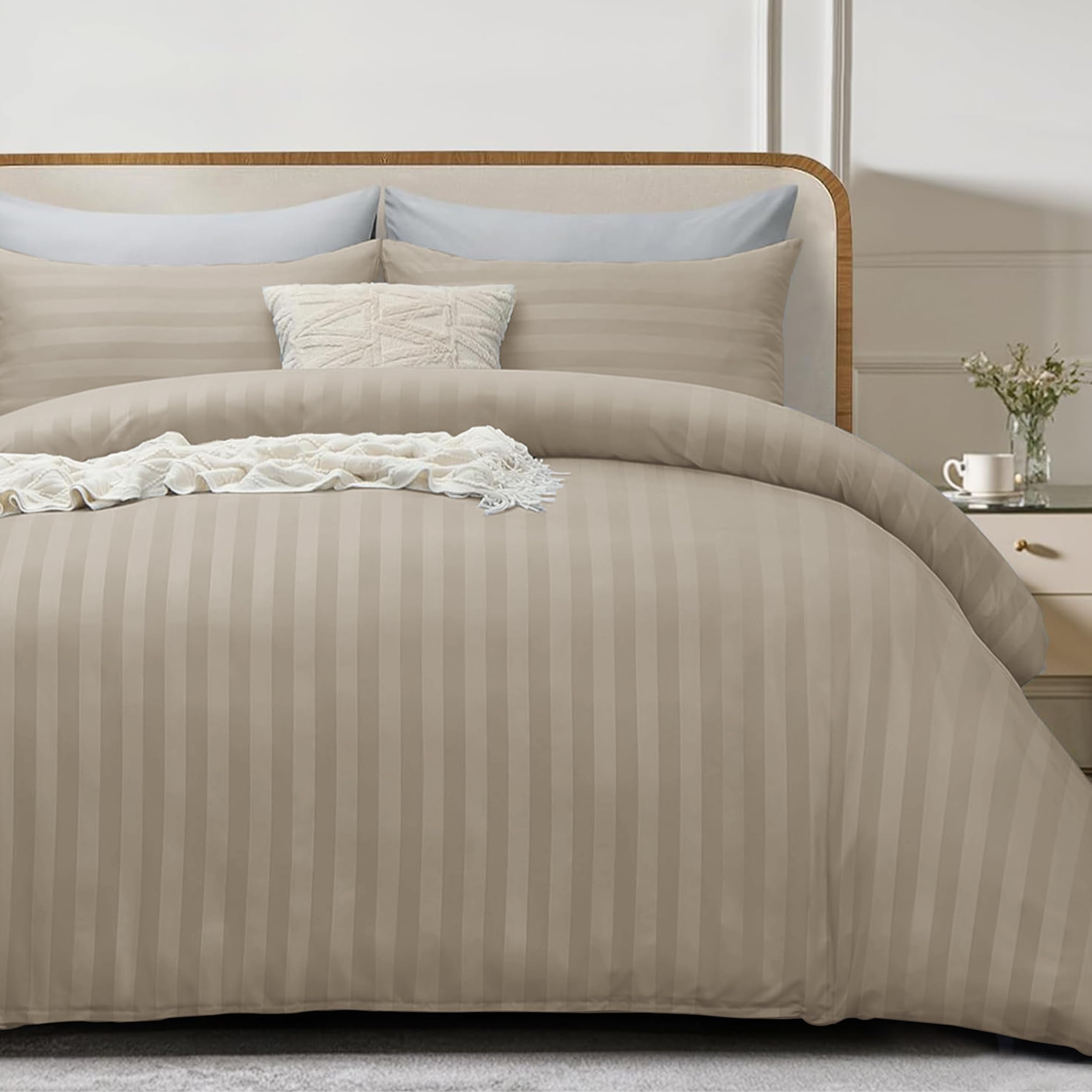 My home store Beige Double Duvet Cover Set 4 Pcs Satin Stripe Duvet Covers Soft Brushed Microfiber Bedding Set including Fitted Sheet 30 CM Deep & 2 Pillowcases - Image 2