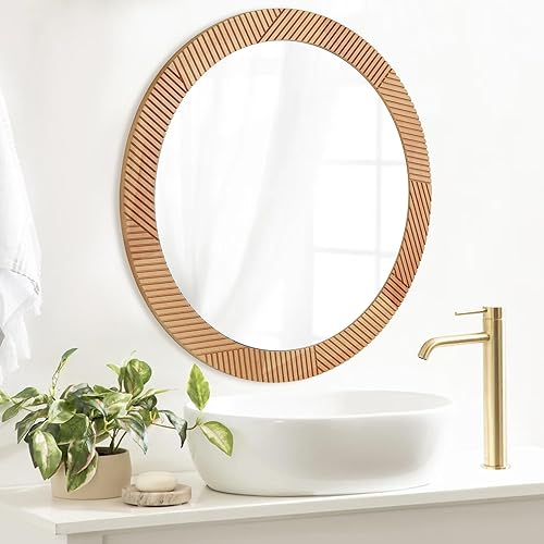 Miniatura 2 de CULER Espejos redondos de pared de 24 pulgadas, espejo decorativo rústico de madera con marco de haya para pared, espejo canalizado de granja para