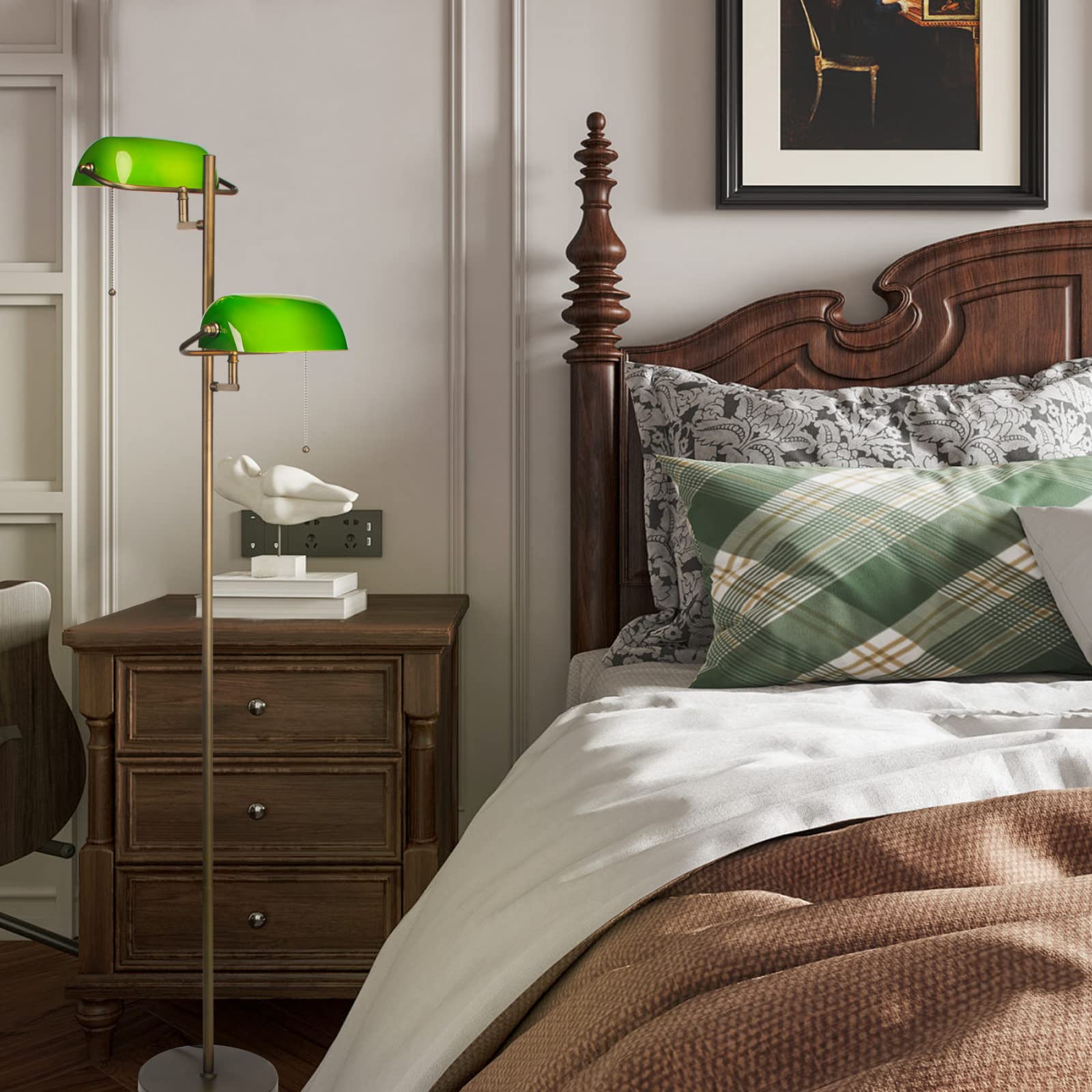 FIRVRE Stehlampe Schmal Vintage, Stehleuchte Gold mit Grüner Glaslampenschirm, Stehlampe Ecke mit Reißverschlussschalter für Wohnzimmer Büro Schlafzimmer