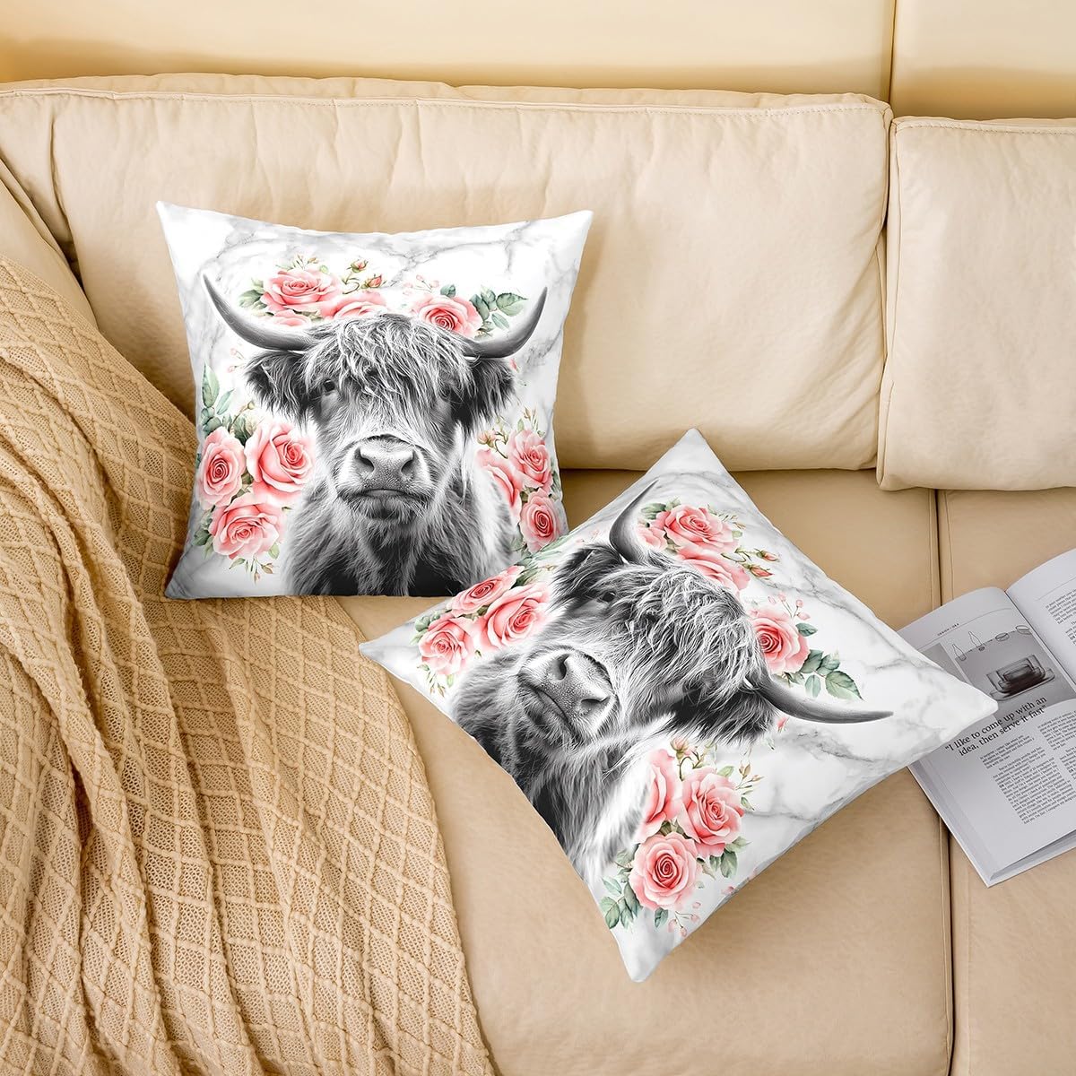 Highland Cow Flower Pillow Covers Bull Cattle Throw Pillow Covers For Bed Sofa Western Funny Animal Decorative Accent Pillow Cases Wildlife Farmhouse Cow Rose Marble Cushion Covers 16x16 Set of 2 image 2