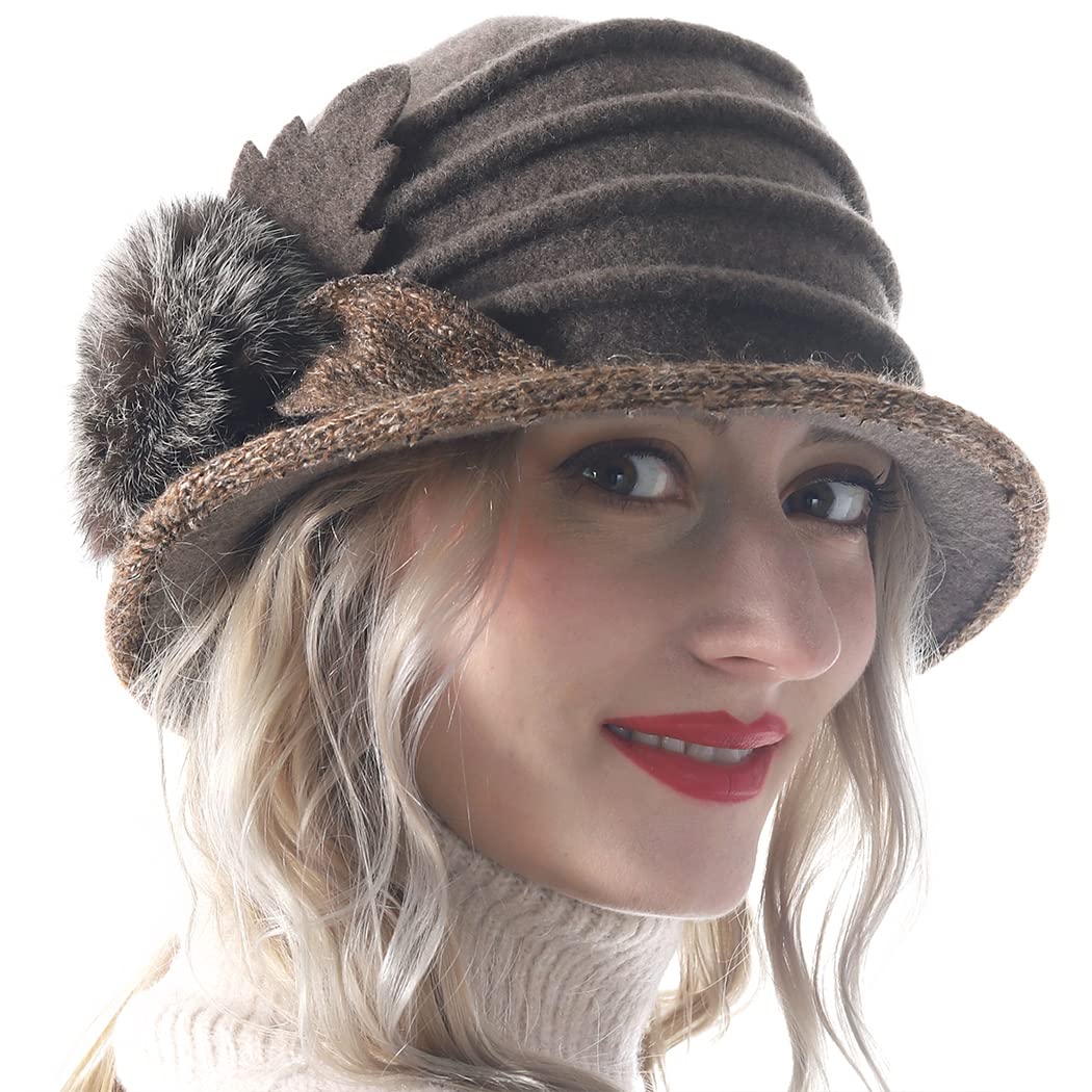 Hisshe Women's Brown Lady Wool Floral Bucket Cloche Bowler Hat Felt Dress Hat C030 (Brown)(Size: M(56Cm~58Cm))