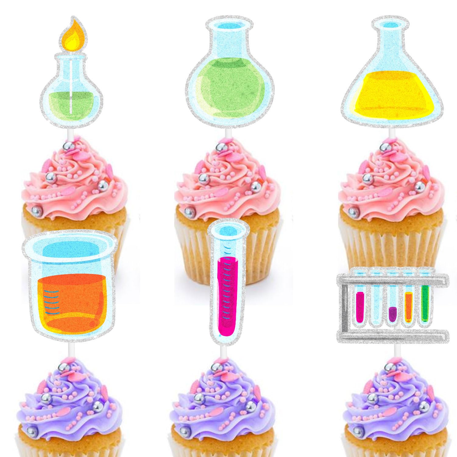 LIANGSS Lab Themed Cupcake Toppers 18-PC Set - Perfect for a Boy or Girl Chemistry Birthday Party, School Lab Party, or Scientist Themed Baby Shower Party Decoration