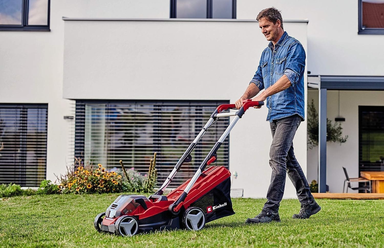 Einhell Cortacésped a batería GE-CM 36/34-1 Li-Solo Power X-Change (36 V, 33,5 cm Ancho de Corte, hasta 200 m², 30L Bolsa recolectora, 25-65 mm Altura de Corte, sin batería)