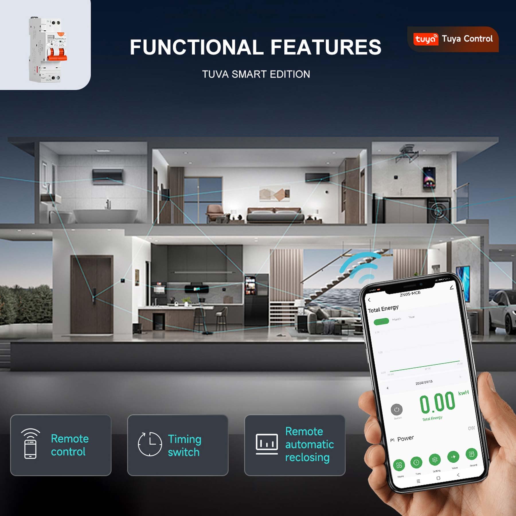 Interrupteur différentiel magnétothermique WiFi avec réarmement automatique et affichage, type A courbe C 30mA 220V, courant nominal réglable 1-20A, 2 modules DIN, application Tuya Smart Life