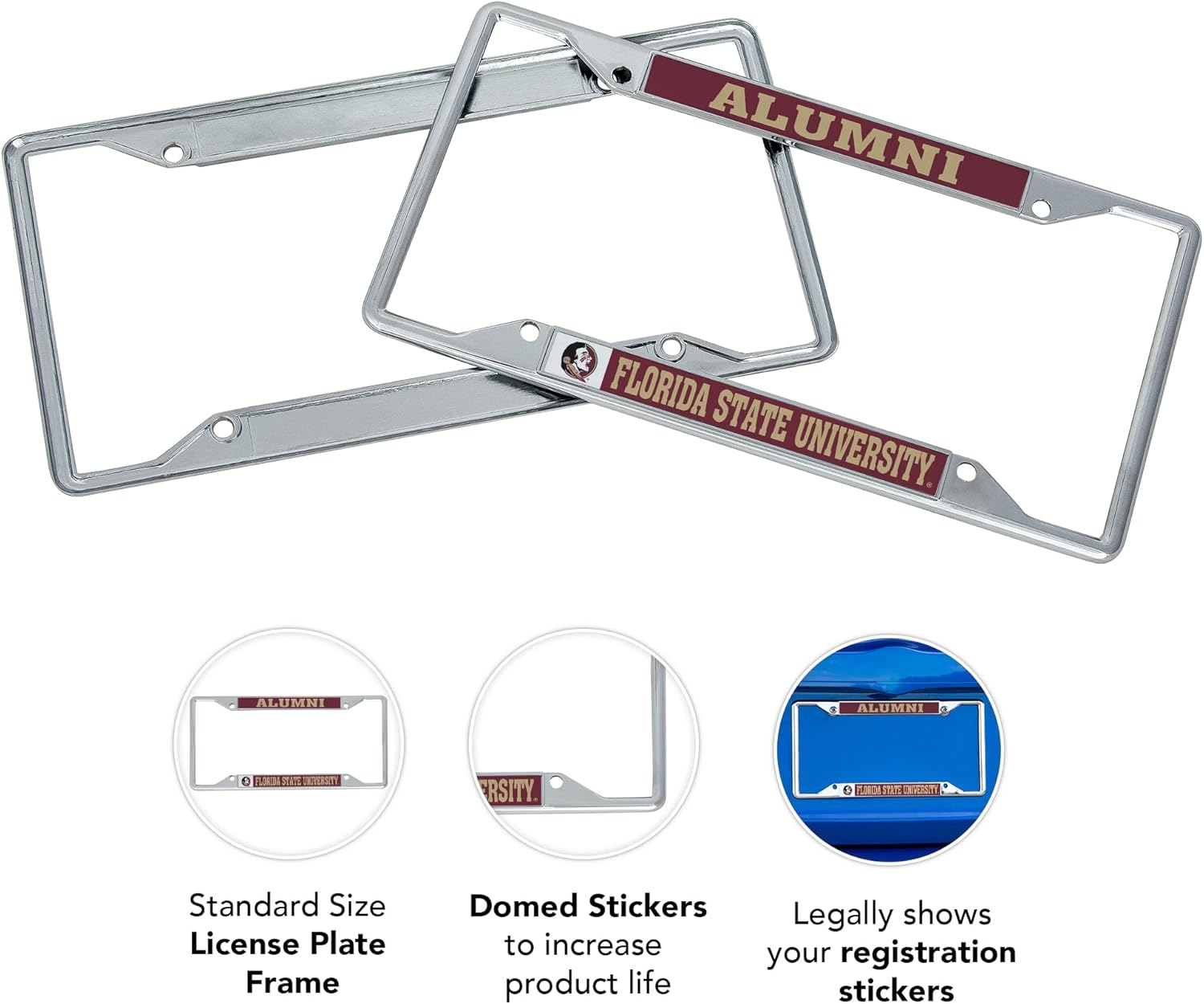 Desert Cactus Florida State University Car Accessories Seminoles Metal License Plate Frame and Tag Holder for Front or Rear of Car (Alumni Seminole Head 2-Pack)