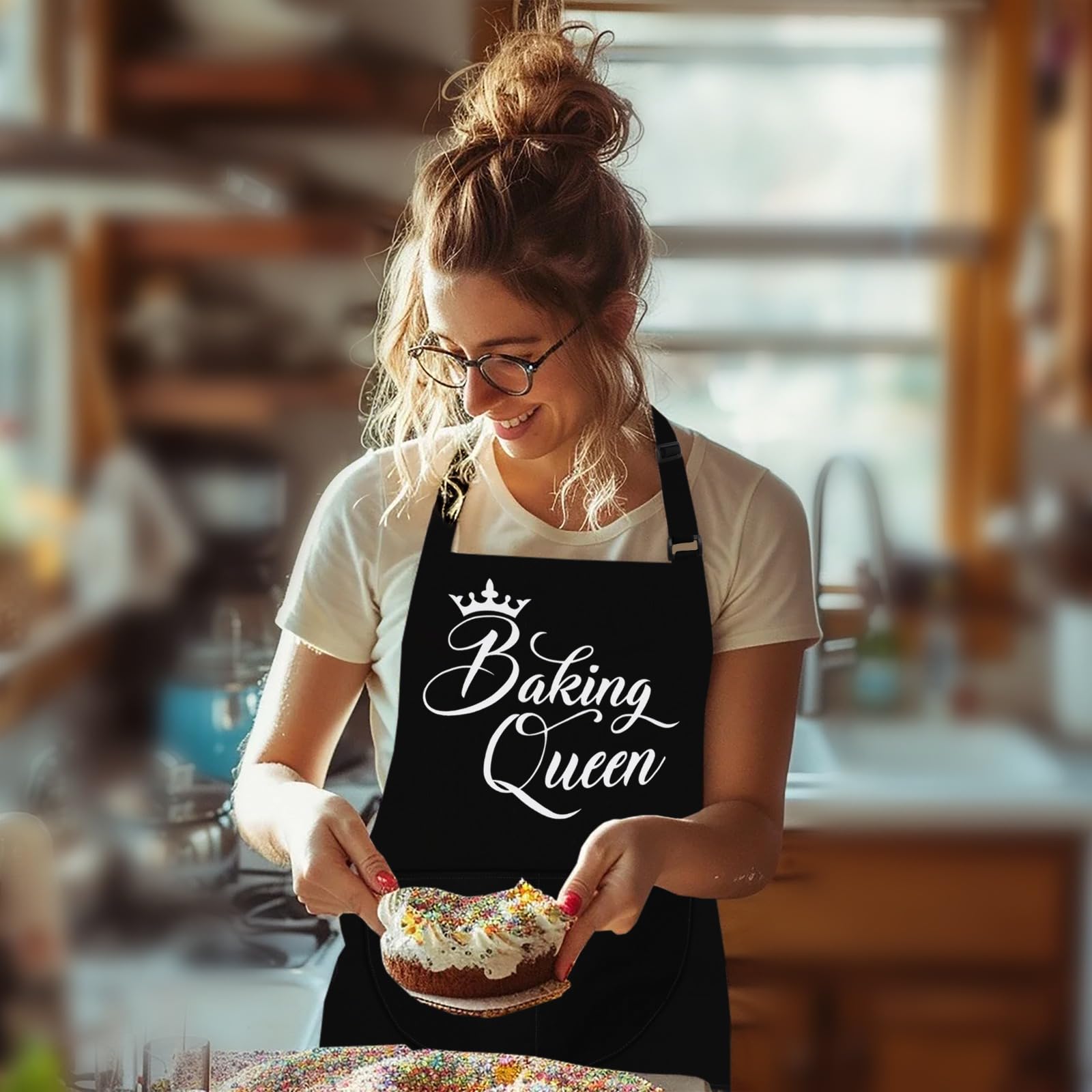 LINEN CLOSET® Baking Aprons for Women Baker Aprons for Men Funny Baking Gifts Wife Husband Mother Daughter Adjustable Kitchen Apron with Pockets- baking queen apron - Image 3