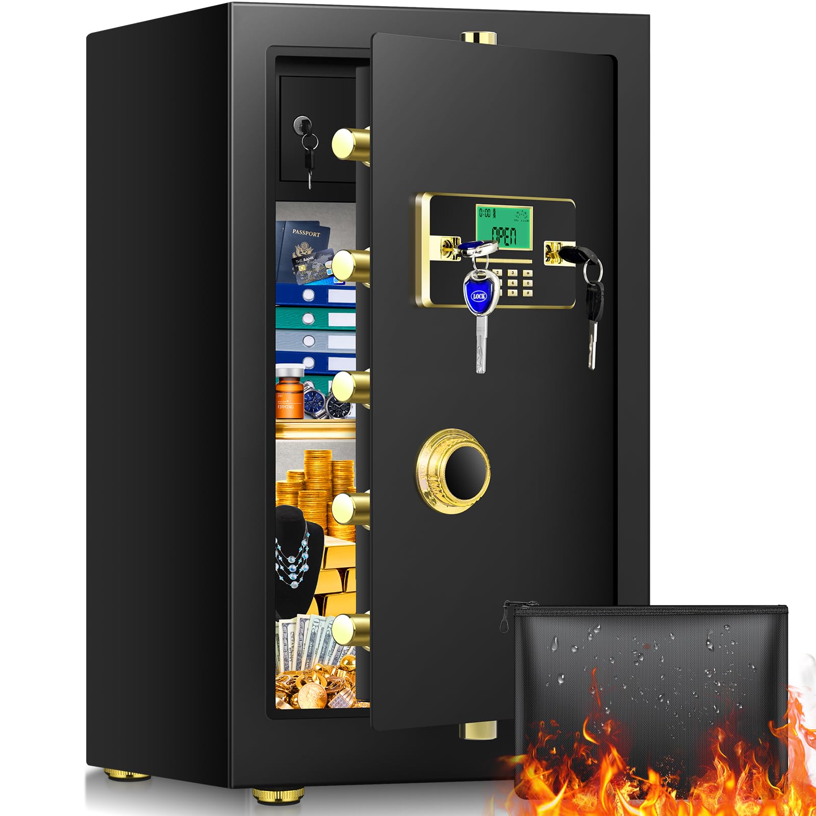 5.1 Cu ft Extra Large Home Safe Fireproof Waterproof, Heavy Duty Fire proof Safe Boxes for Home Use, Removable Inner Cabinet and Shelf, Anti-Theft Digital Safe Box for Home Office Hotel