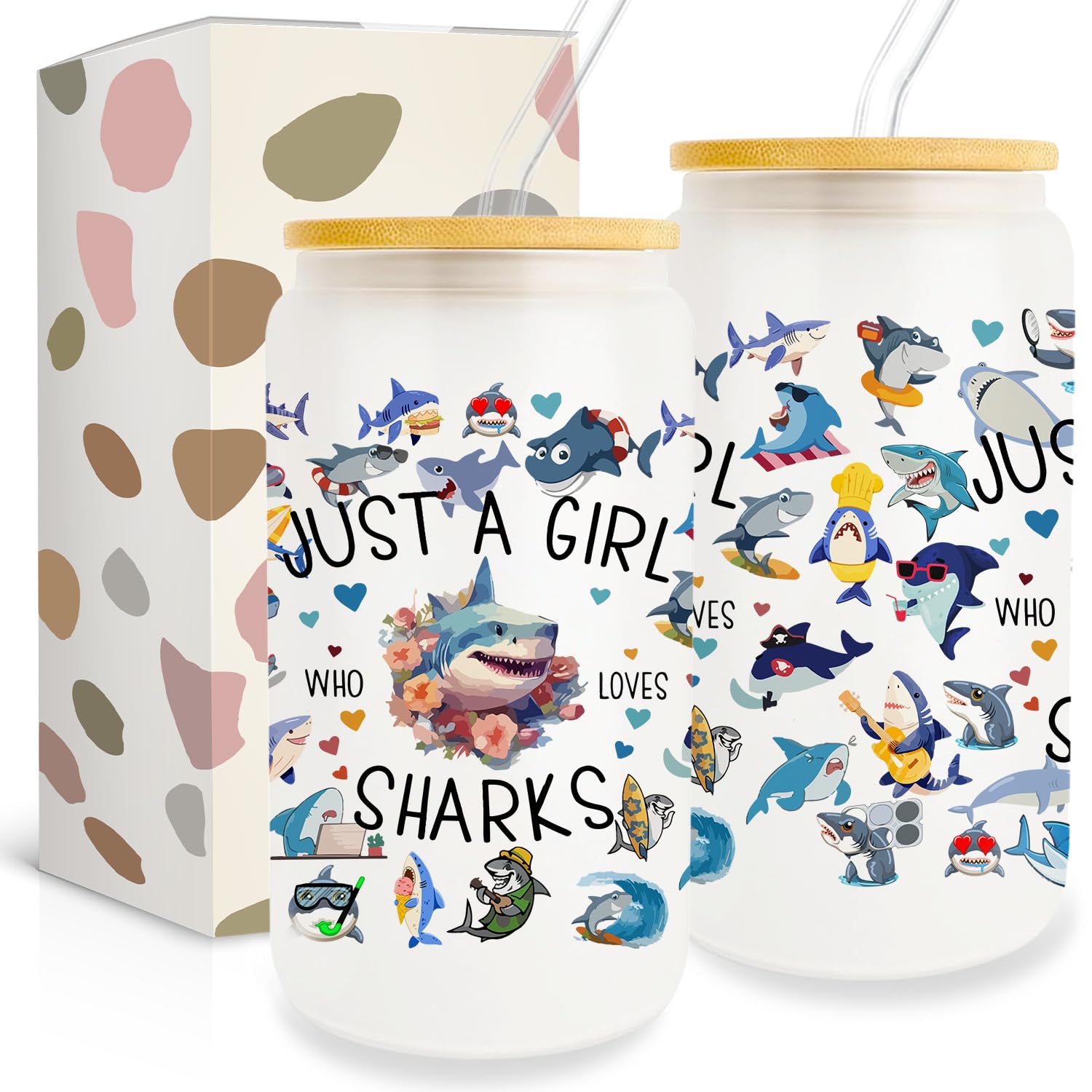 Pfkfo Sharks Cup Gifts for Sharks Lovers, Sharks Gifts for Women, 16oz Glass Cup with Lids Straws, Sharks Lover Gifts, Just A Girl Who Loves Animals, Ideal Sharks Owner Gift for Sisters Friends Women