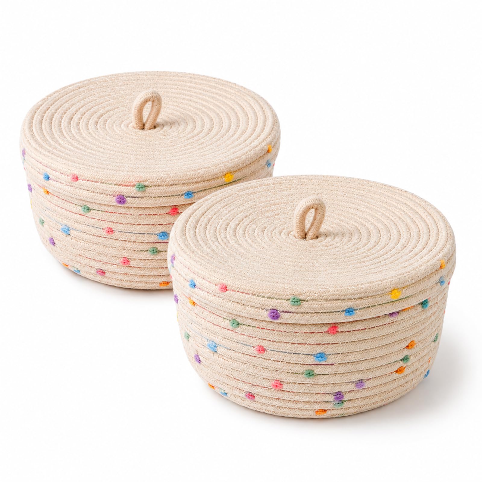 2 Pezzi Cestino in Corda di Cotone con Coperchio Cestino Portaoggetti Intrecciato con Coperchio Decorativi Intrecciati con Coperchio di Cotone Rotondo per Snack Asciugamani Cestello Giocattolo