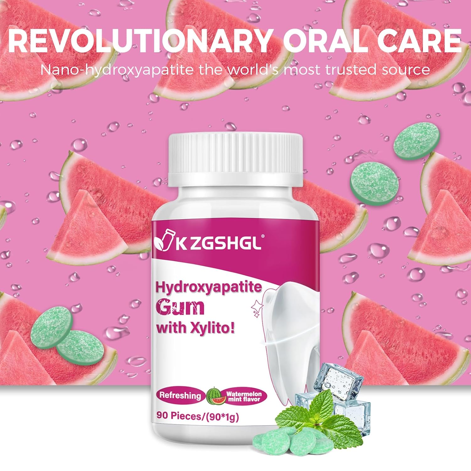 Hydroxyapatite Gum, 90 Pieces, Good for Teeth Remineralization, Sugar-Free Watermelon Chewing Gum with Xylitol, Two pieces after meals to freshen breath and protect the mouth
