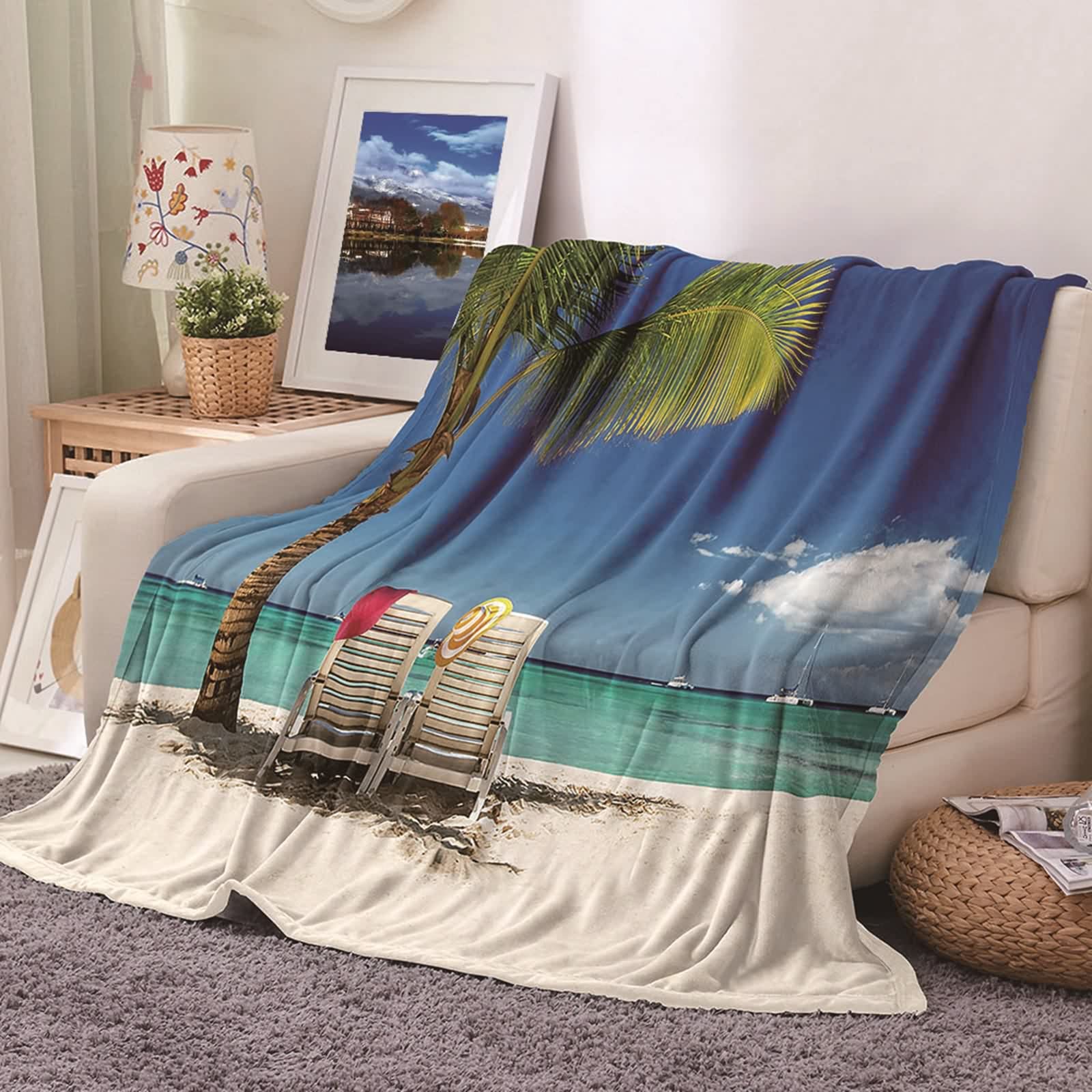 Couverture de Lit Sea Beach KnSam en Flannel Bleue et Verte pour Canapé