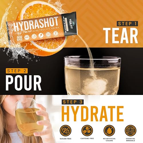 Miniatura 6 de Hydrashot Fórmula de hidratación con sabor a naranja con agua de coco en polvo, calcio, magnesio, potasio y sodio, sin azúcar, paquetes de polvo de