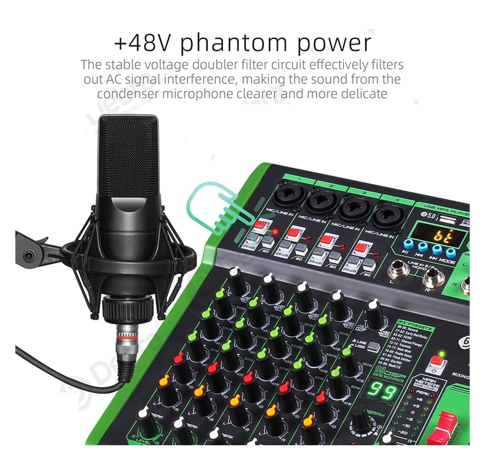 Mikser DJ-ski, Mikser DJ Konsola Z Efektem Cyfrowym 99DSP 48V Phantom Power USB MP3 Do Nagrywania na PC(DI-4UX 4 Channels)