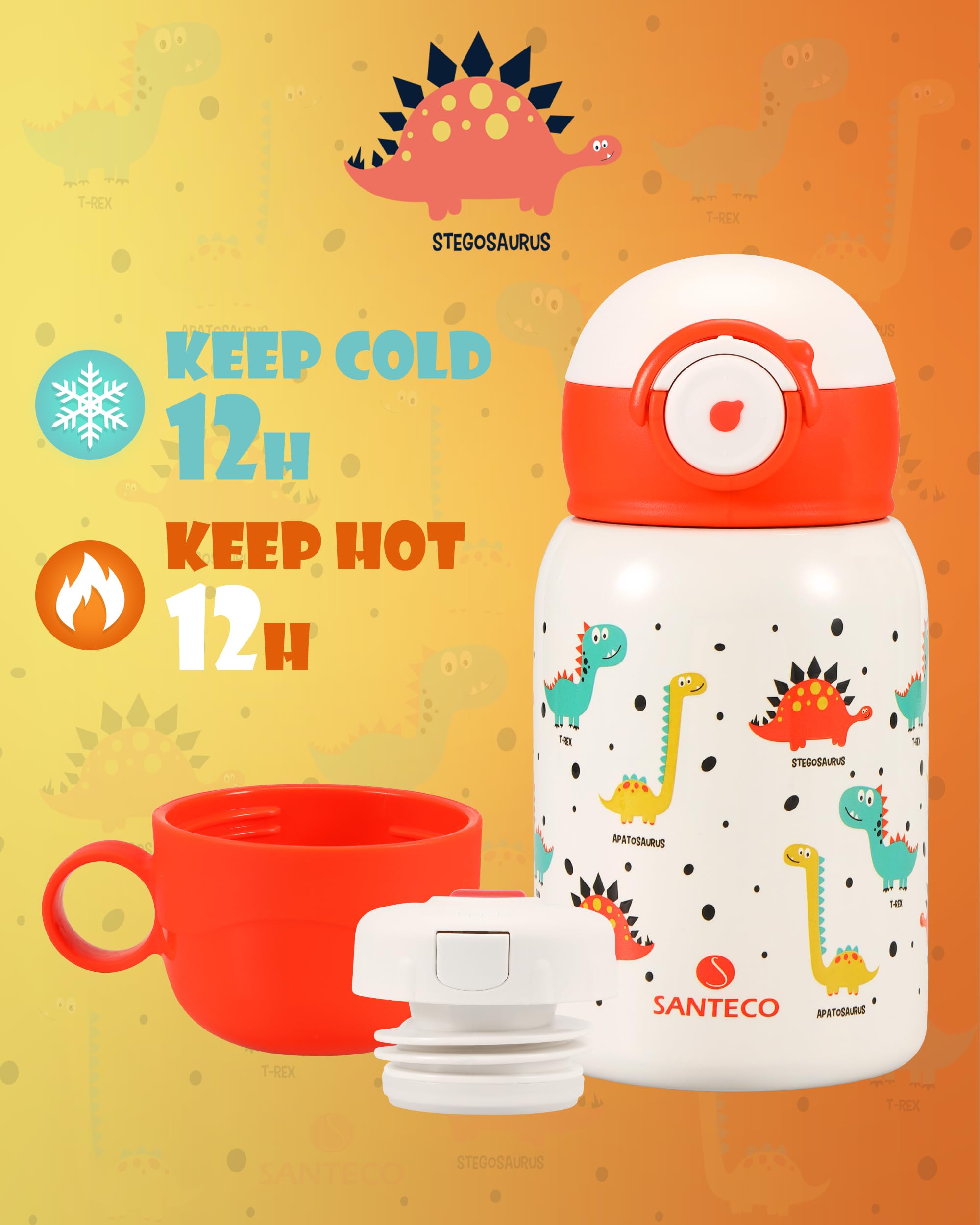 SANTECO Borraccia Bambini Acciaio Inox,Bottiglia Termica con Cannuccia, Termos 450ml Senza BPA, Bottiglia Acqua riutilizzabile, Caldo/Freddo, per campeggio, scuola, asilo