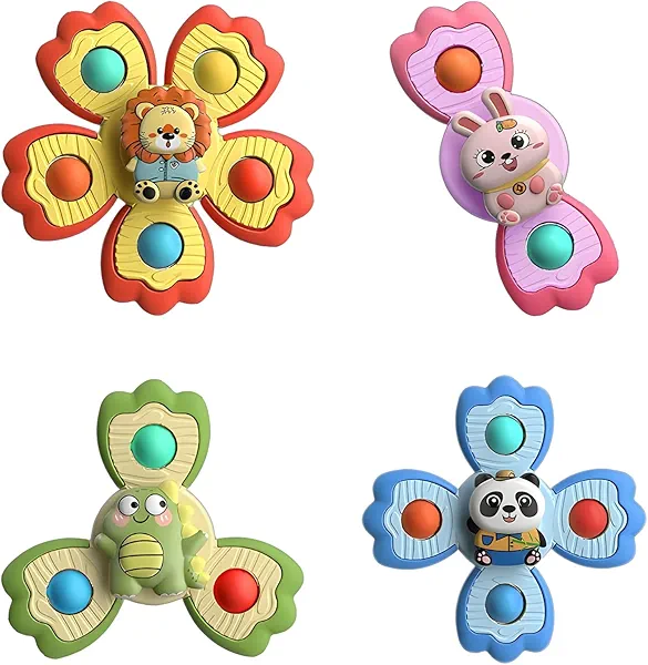 4 Pcs Pop Suction Cup Spinner Toys for 1 Year Old Baby|Baby Bath Toys|Sensory Toys for Toddlers 1-3|Spinning Toy for Boys and Girls|Airplane Car Travel Table & Window Toy Birthday Gifts for Infant