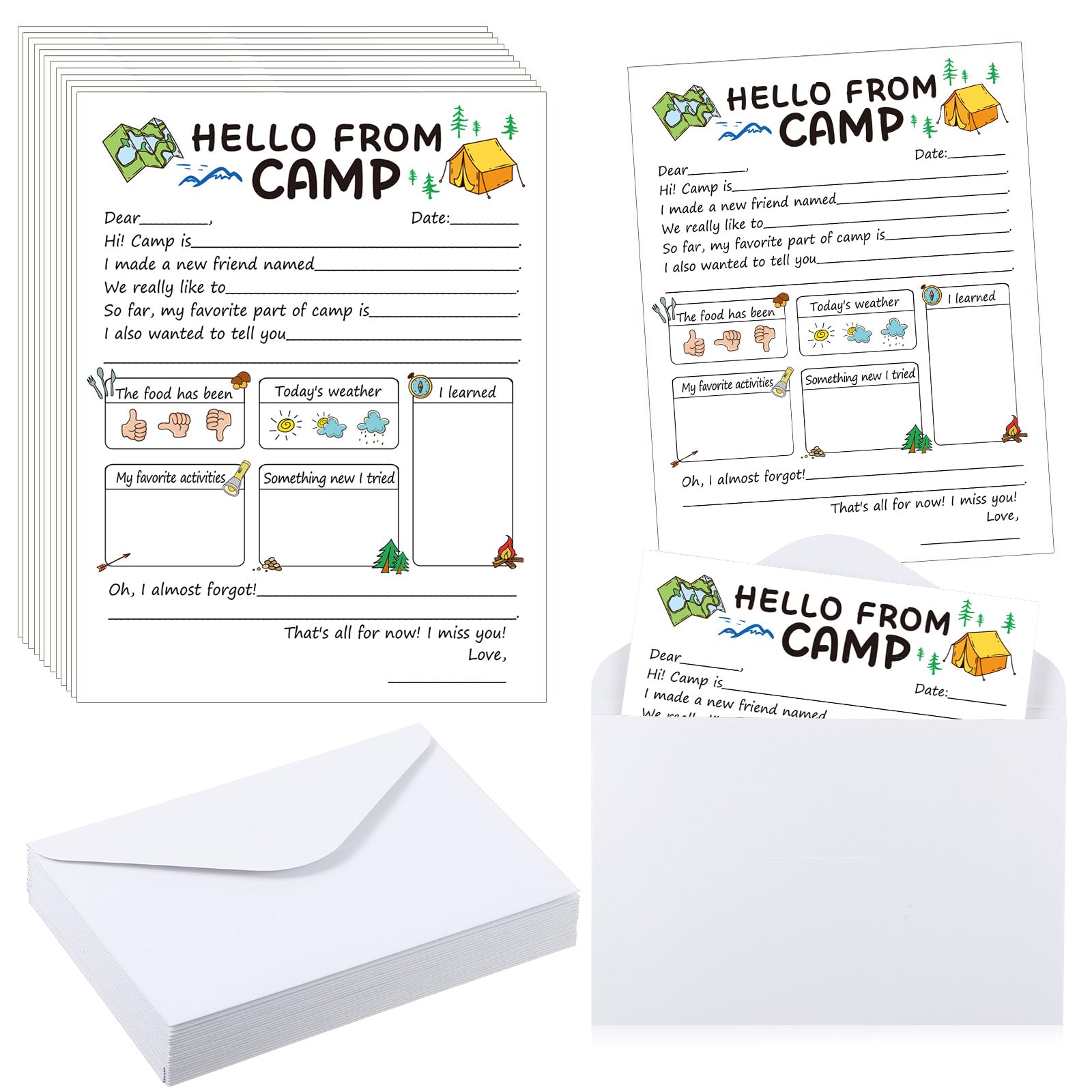 Motiskyy 12 Set Sleepaway Camp Flat Cards and Envelopes Notepad Set for Campers Boys and Girls 5. 12 x 7. 87 in with Envelopes Fill in The Blank Camp