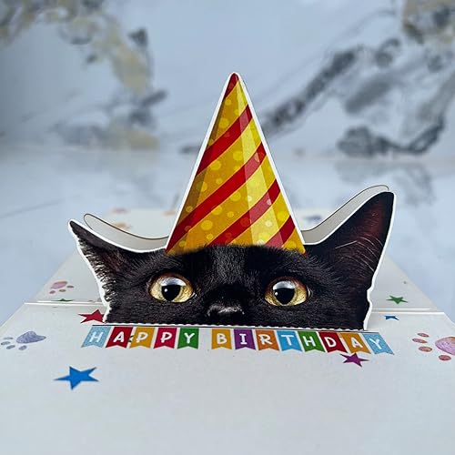 Miniatura 6 de DongNaiWin Tarjeta de cumpleaños para amantes de los gatos negros, tarjeta desplegable 3D de gato negro con sobre, felicitación de feliz cumpleaños