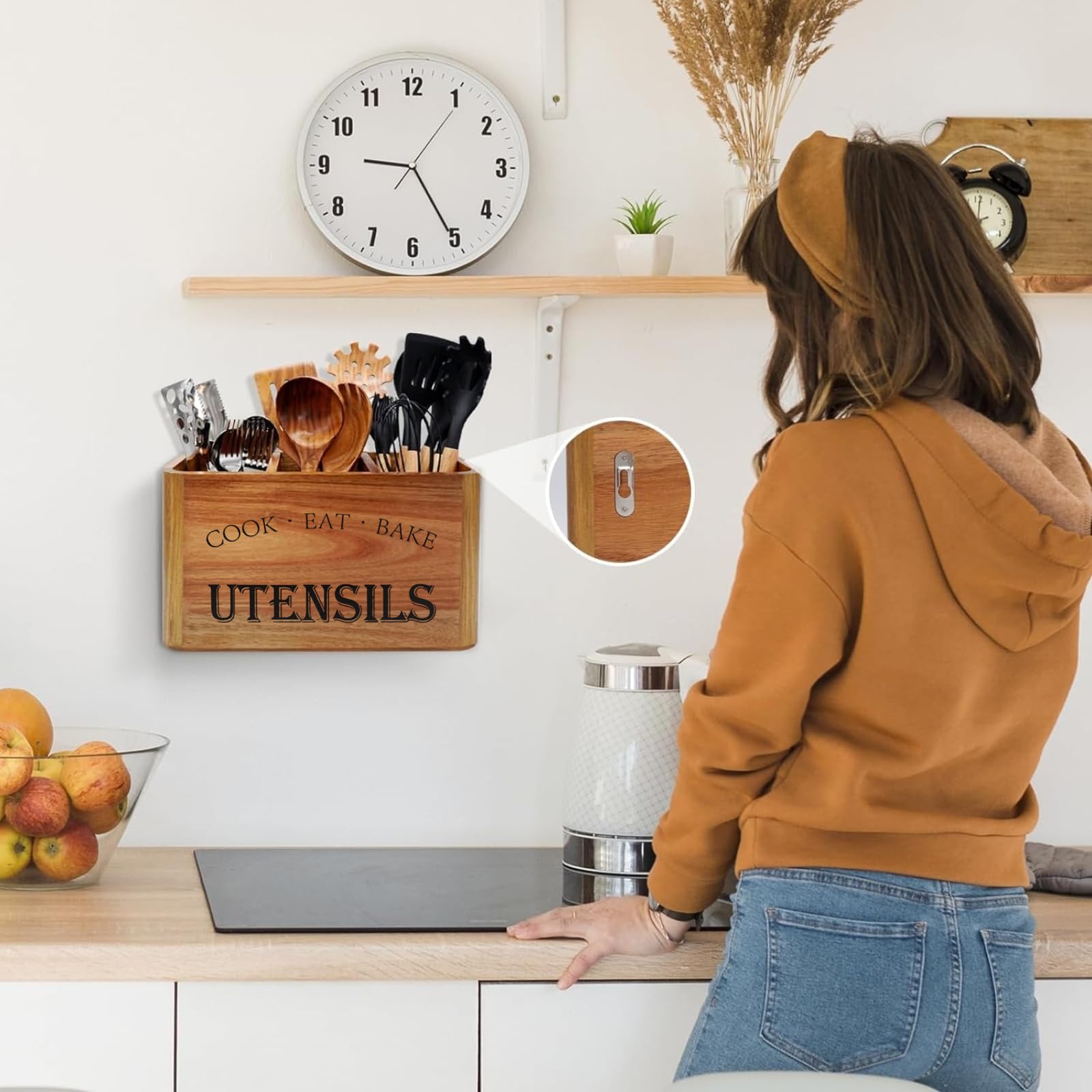 Organizador de utensilios de cocina de madera para encimera o encimera, soporte grande de madera para almacenamiento de utensilios de cocina y cubiertos con 3 compartimentos, contenedor de madera