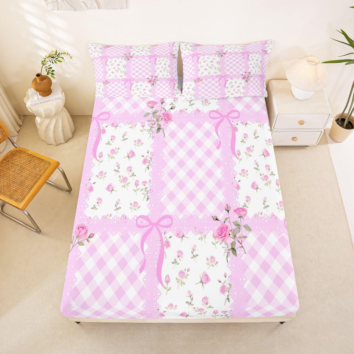 Gird Printed Fitted Sheets Full Size,Navy Blue Plaid Bedding Set 3Pcs for Kids Boys Teens Men Room Decor,Modern Geometric Check Deep Pocket Sheet Lightweight Soft Bed Cover,2 Pillowcases
