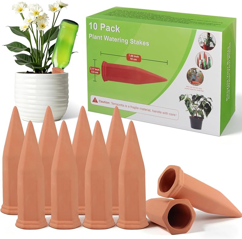 Tcamp 10 Pack Terracotta Watering Spikes, Plant Watering Devices | Wine Bottle Automatic Plant Self Watering Spikes for Vacations, Self-Watering Stakes for Indoor Outdoor Plants