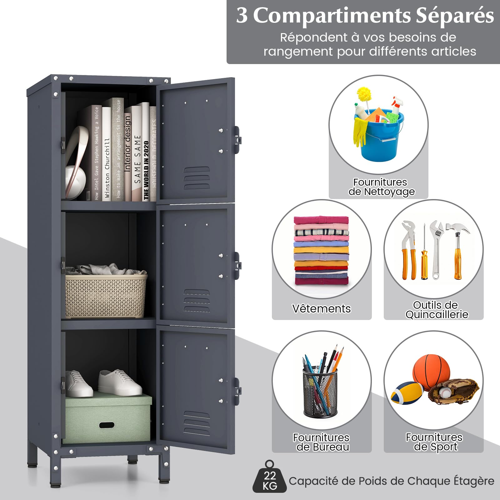 GOPLUS Armoire Vestiaire Metallique 3 Portes Verrouillables 30x35x100 CM Étagère Verticale Empliable Gris