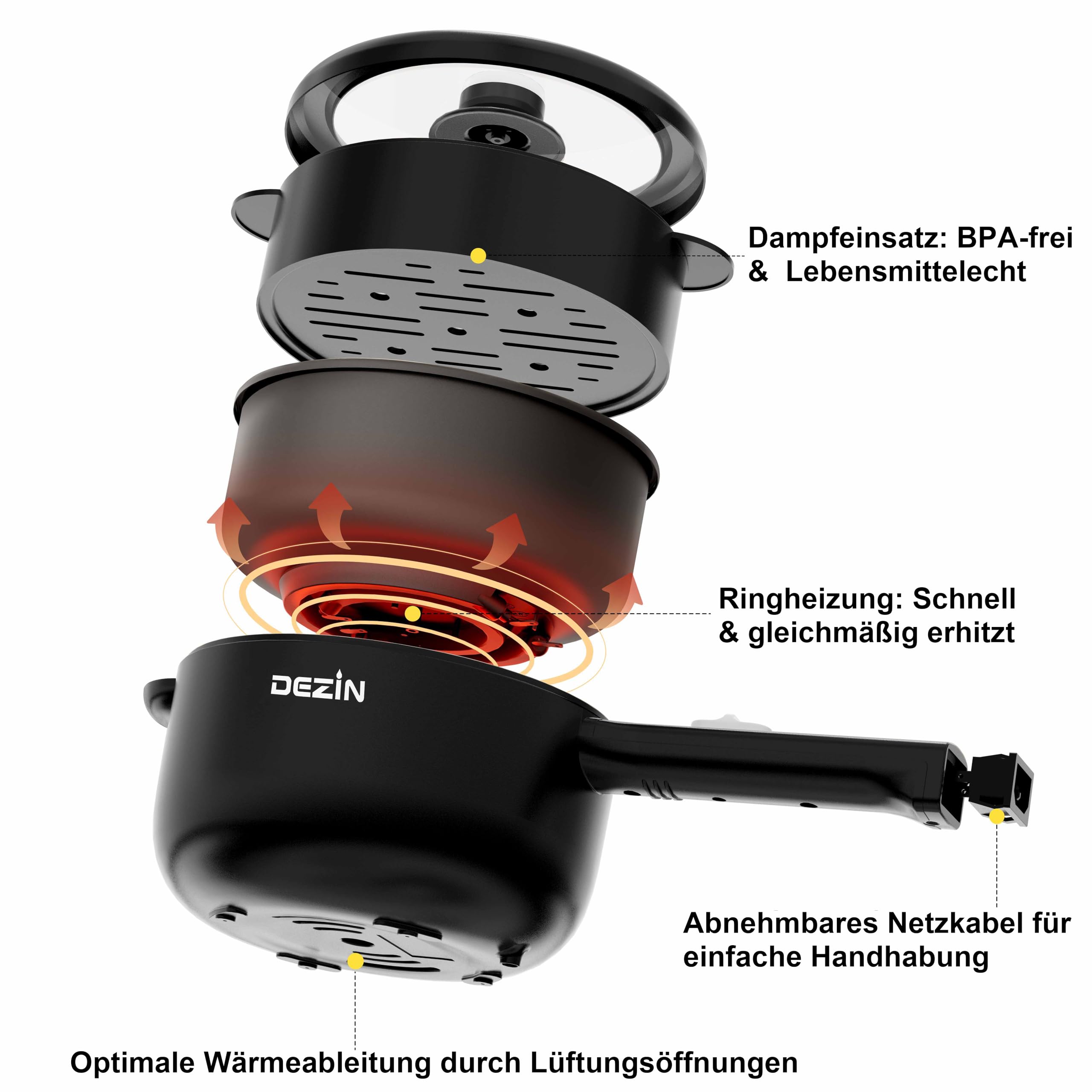 DEZIN Elektrische Hot Pot, 2L Antihaft Elektropfanne, schneller Nudelkocher | mit Dampfgarer,Tragbarer Multikocher, Leistungsanpassung, 250W/600W für Steak, Ei, gebratenen Reis, Ramen, Haferflocken,Suppe