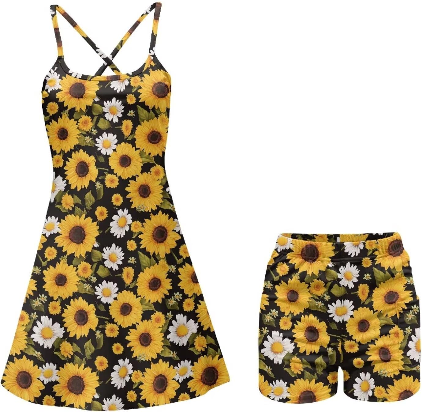 Women's Summer Casual Tennis Dress Workout Spaghetti Strap Backless Mini Golf Dress with Shorts & Pocket