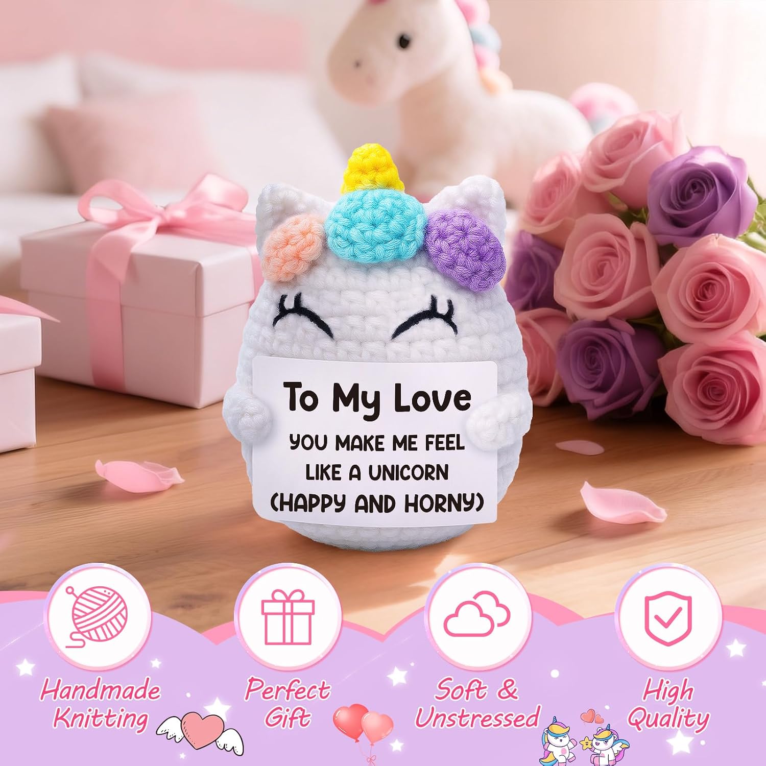 Anniversary Romantic Gift for Her Girlfriend Wife Birthday Gifts for Fiancee Women Wedding Gift Sweet Day to My Love Handmade Crochet Unicorn Christmas Couple Present