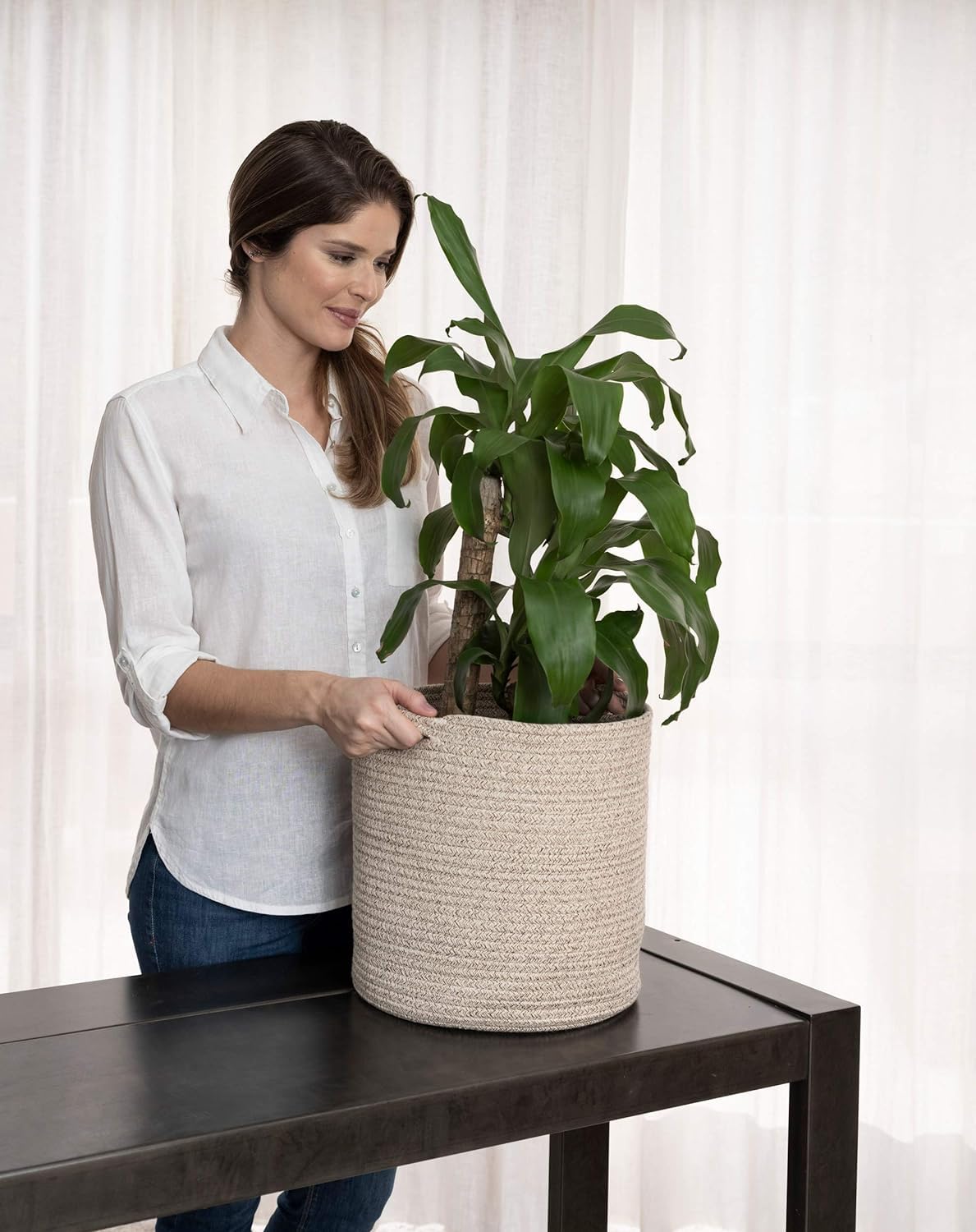AIESY® - Live Beautiful ! Jute Spliced Cotton Rope Plant Basket for 10" Floor Indoor Planter, 11" x 11" Decorative Flower Pot Cover Laundry Bin with Handles Rustic Home Decor (Beige) (B0CWZ9HB7G) Amazon Price History, Amazon Price Tracker