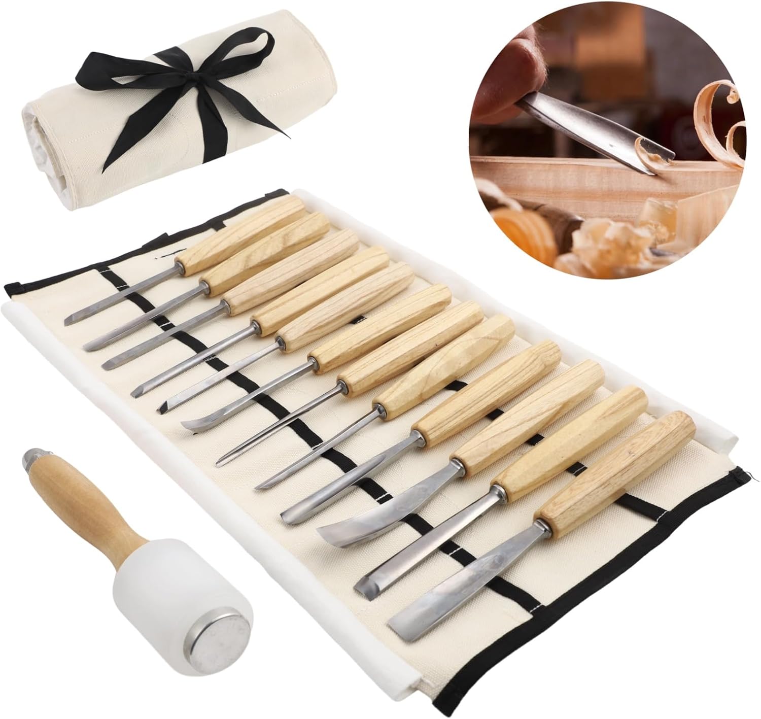 12 Pcs Wood Carving Tools Set, Including Nylon Hammer & Canvas Storage Bag, Razor Sharp CR-V 60 Steel Blades, Ideal DIY Wood Chisel Kit for Beginners & Professionals