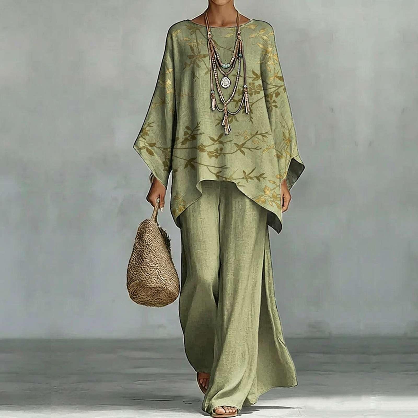 Conjunto Lino 2 Piezas Mujer Verano Vestir Dos Piezas Elegante Chandal Mangas Largas Boho Camiseta y Pantalons Top Talla Grande Ropa Deportiva Cintura Alta Casa Vacaciones Playa Primavera Moda