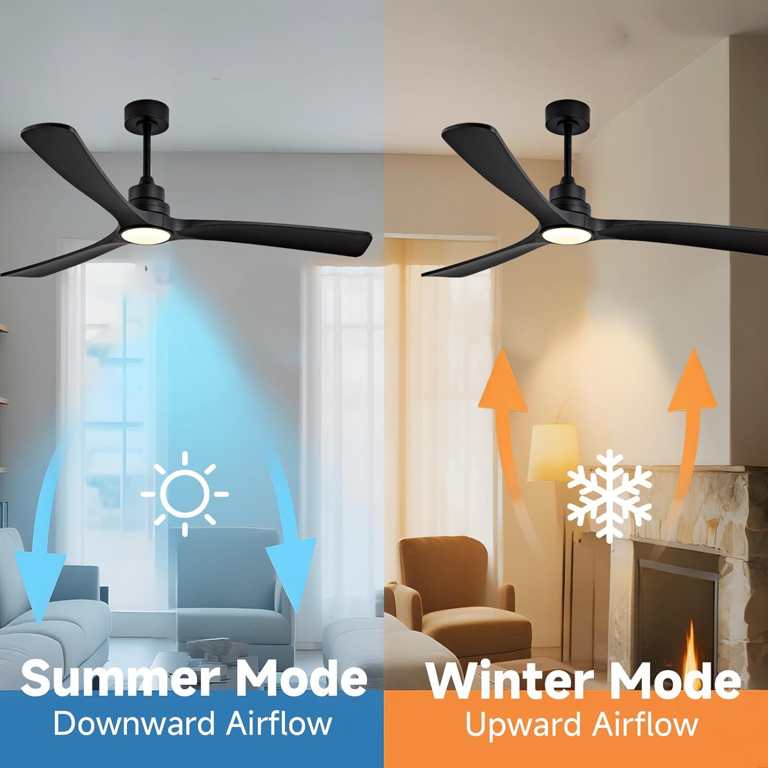 52 Inch Wooden Ceiling Fans with Lights and Remote Control,Quiet DC Motor 3 Blade Ceiling Fan for Bedroom Patio Living Room Office Indoor Outdoor(Black Fan)