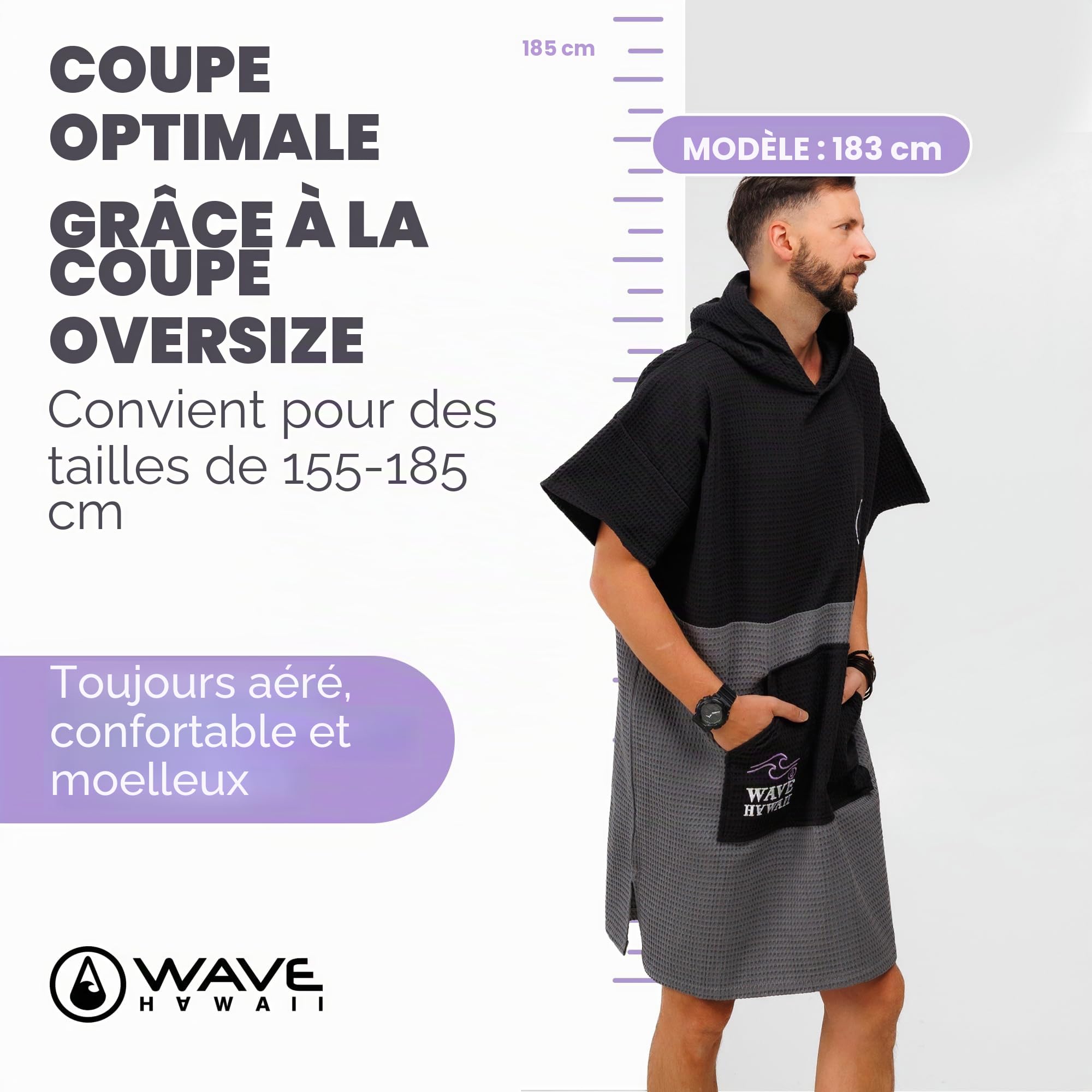 WAVE HAWAII Poncho Surf Travel donna & uomo S-M, 155-185 cm | 100% cotone, poncho da mare assorbente per cambiarsi, spiaggia, surf, sauna & sport acquatici