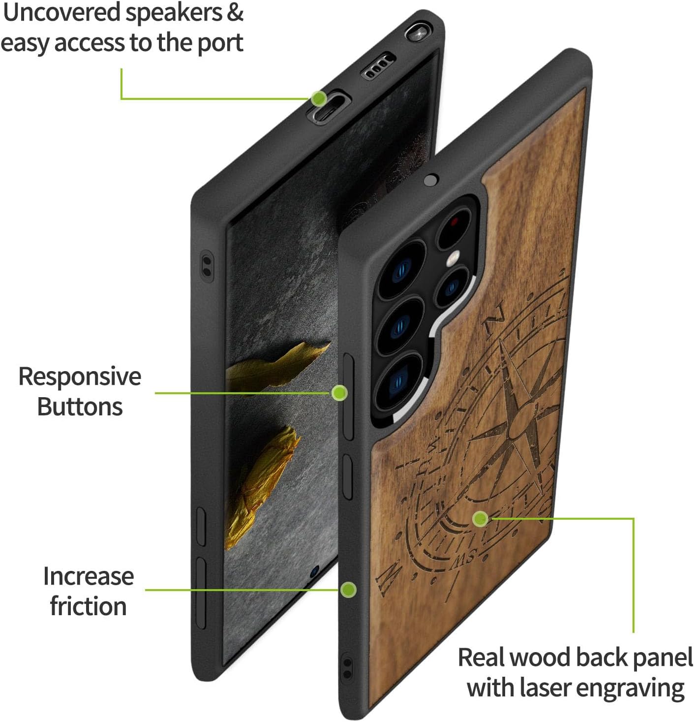 Carveit Wood Case for Galaxy S22 Ultra Case [Natural Wood & Black Soft TPU] Shockproof Protective Cover Unique & Classy Wooden Design Compatible with Samsung S22 Ultra (Vintage Compass-Walnut)