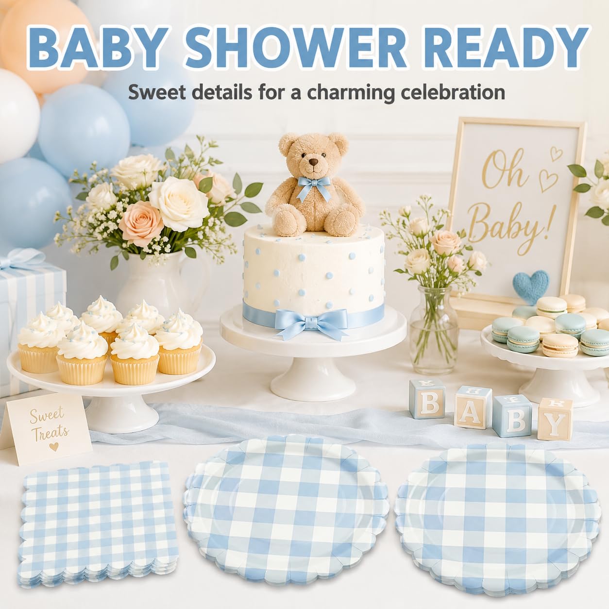 Blue Gingham Paper Plates & Napkins - 50 PCS -5