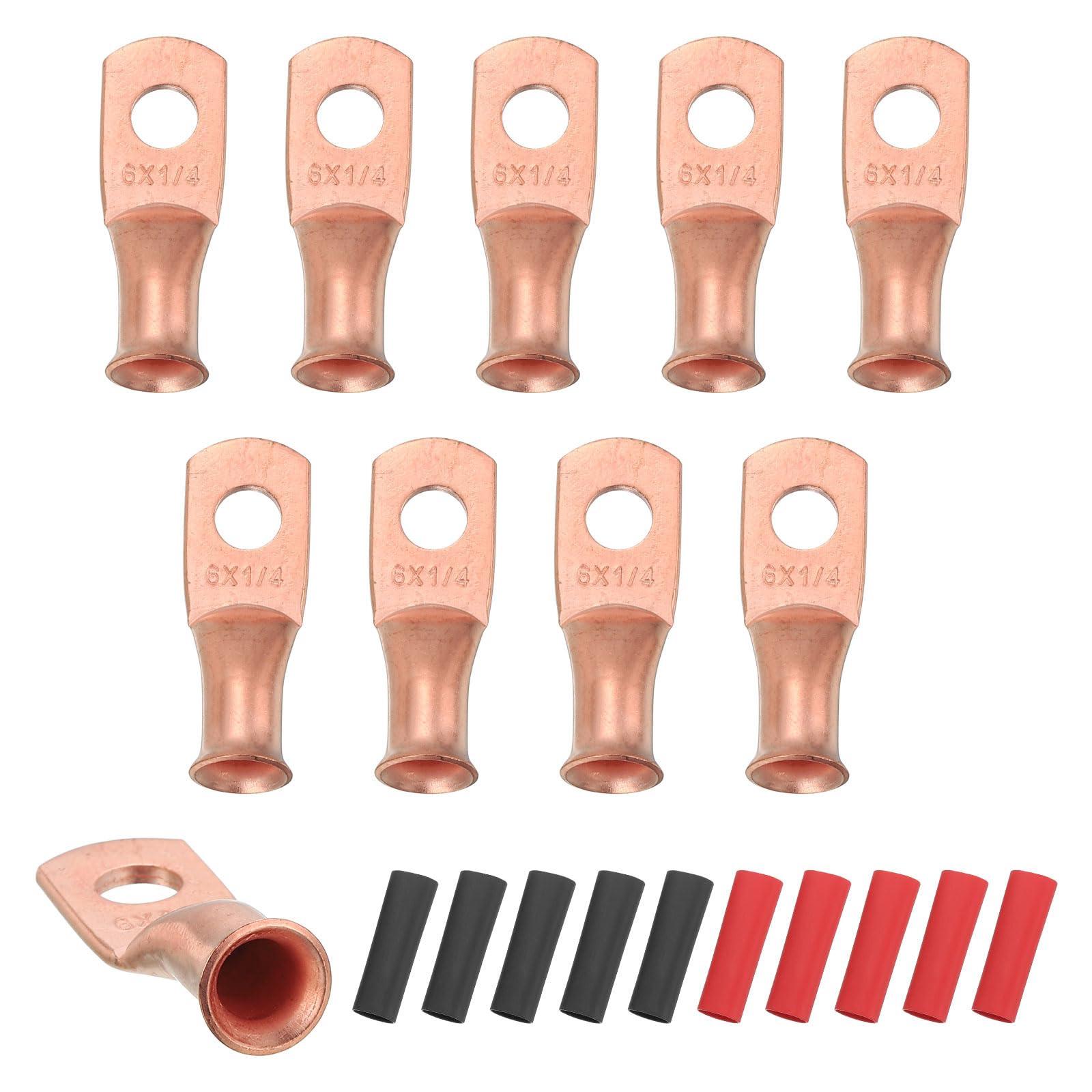 sourcing map 10pcs 6 AWG M6 Battery Lugs Ring Terminals, 1/4" 6mm Stud Crimp Wire Terminal Connector End Copper, 3:1 Heat Shrink Tubing, Gold
