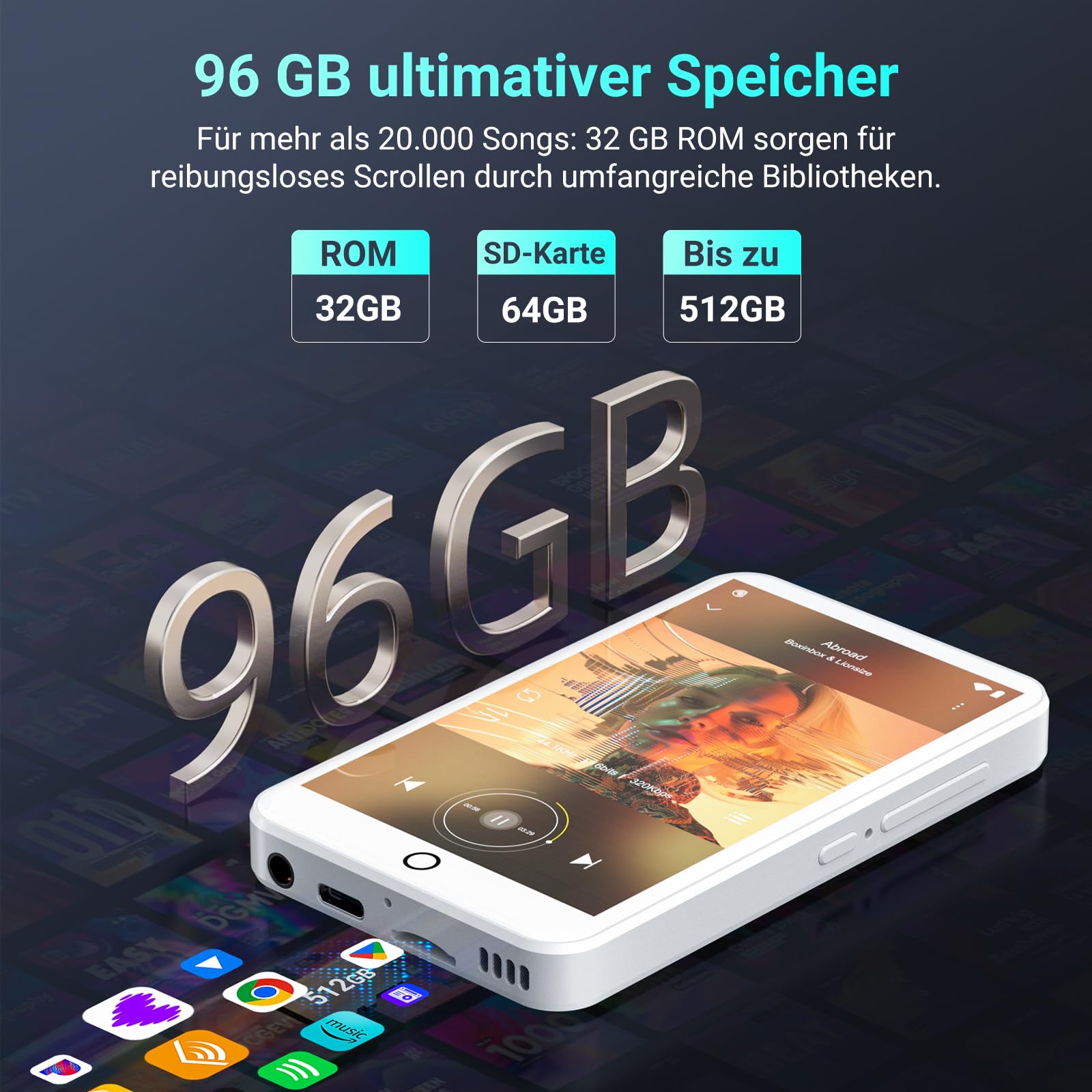 96GB MP3 Player mit Bluetooth und WiFi, Android 13 MP3 MP4 Player mit 4“ Touchscreen und Lautsprecher, 3GB RAM & 32GB ROM, Spotify Music Player mit Audible, Play Store